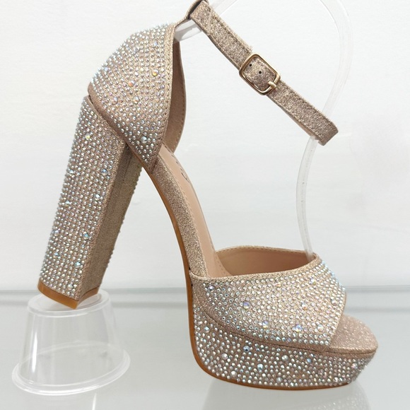 Champagne Rhinestones Open Toe Platform Heels - Picture 2 of 4
